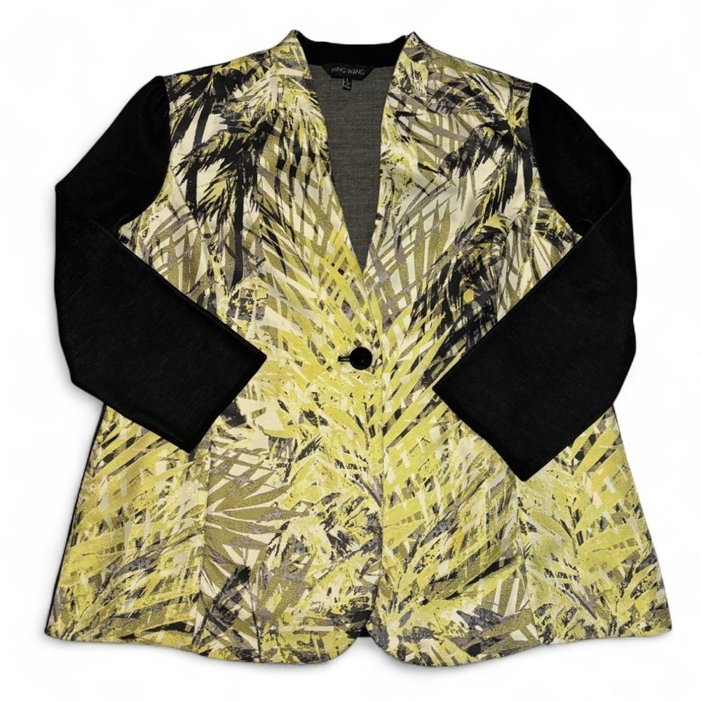 Ming Wang Blazer Jacket L Yellow Black Palm Print 3/4 Sleeve Stretch Knit Career - Picture 3 of 7